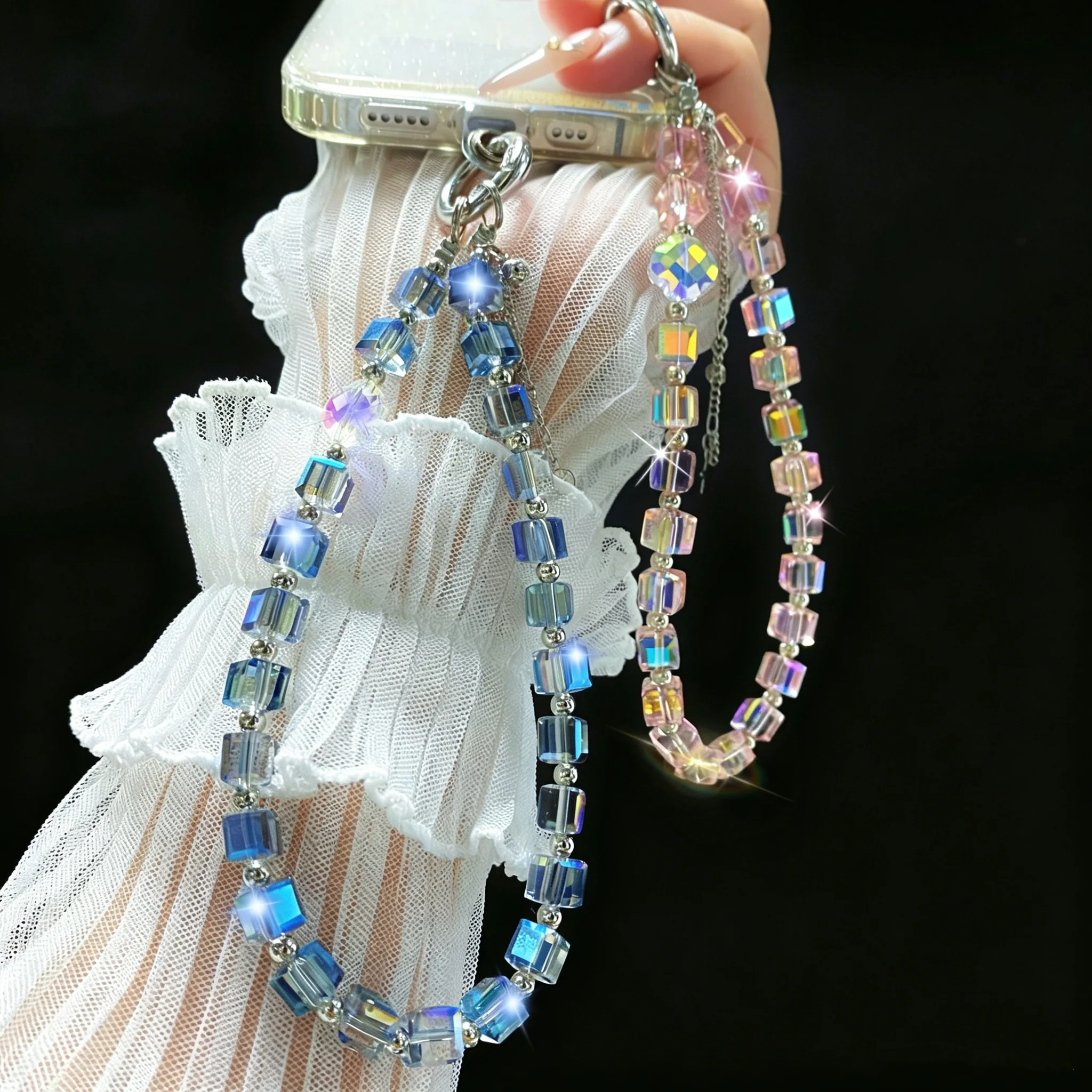 

Luxury Sparkle Wrist Phone Lanyard Clear Anti-lost Crystal Bead Pendant Colorful Bag Accessories Phone Charm Keychain