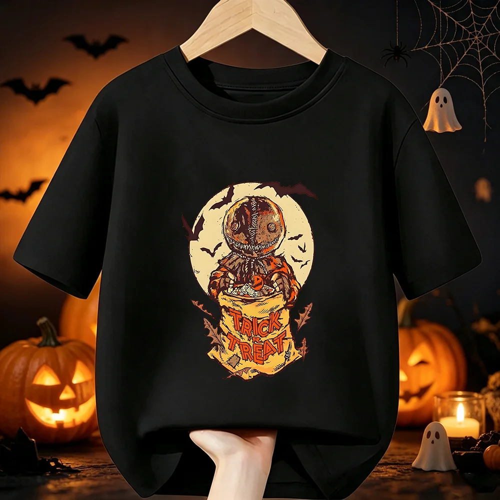 Halloween Vintage Trick or Treat Scarecrow Moon Bat Printed Kids Tee Cotton O‑Neck Short Sleeve Fashion Children Clothing Tops
