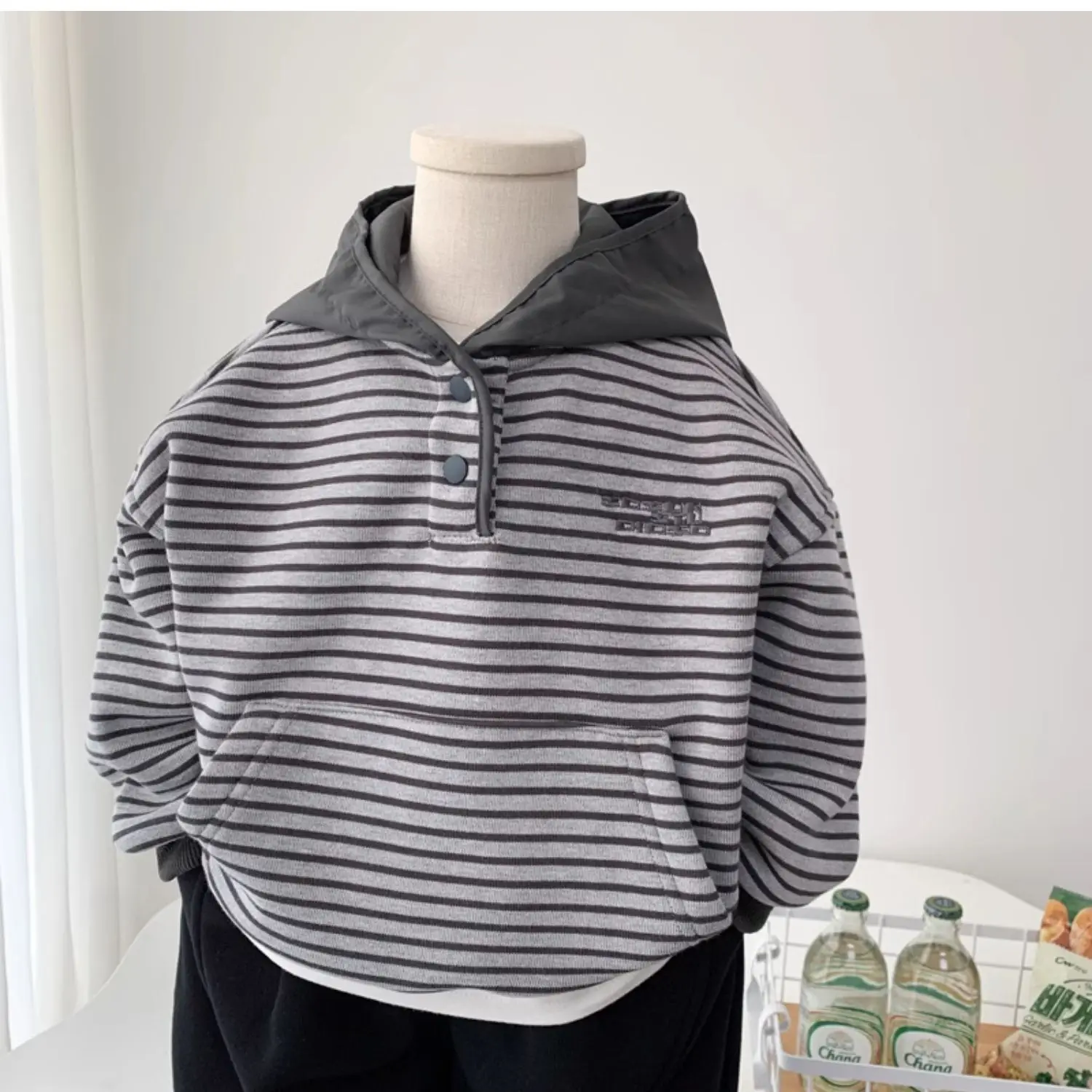 

Fashion Thick Warm Boys's Hoodie Autumn Winter Fleece Lining Striped Pullover Sweatshirt Letters Embriodery Loose Casual Tops