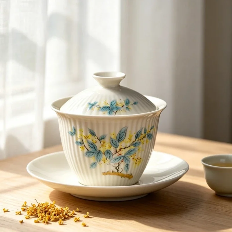 Striped Grass and Wood Gray Kung Fu Tea Set, Elegant Gaiwan, Chinese Ceramic Tea Bowl, Ceremony Bowl, 200ml