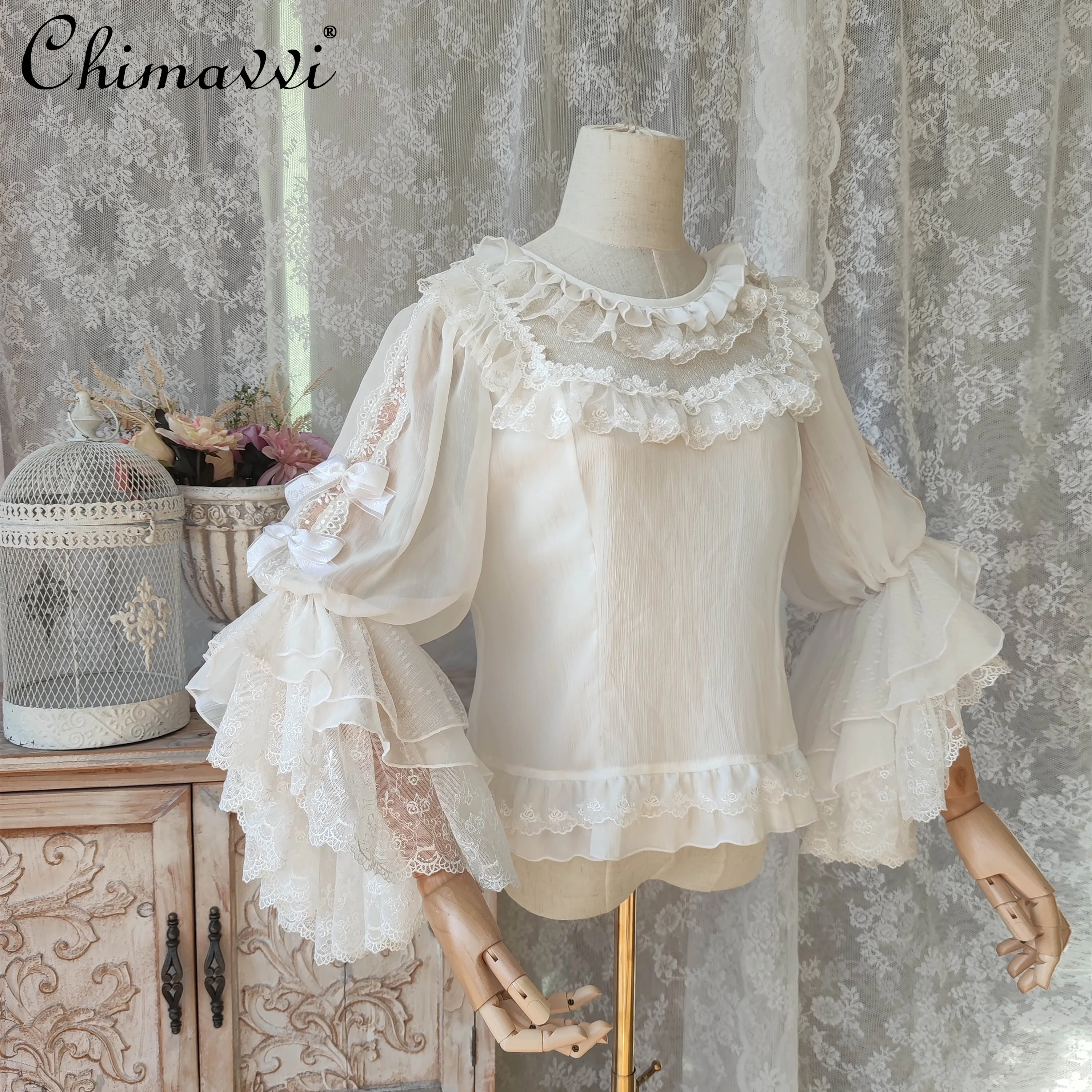 Sweet Girl Lace Patchwork Shirt New 2024 Autumn Lolita Princess Loose Long Sleep Elegant Inner Match Blouse Fairy Women Tops