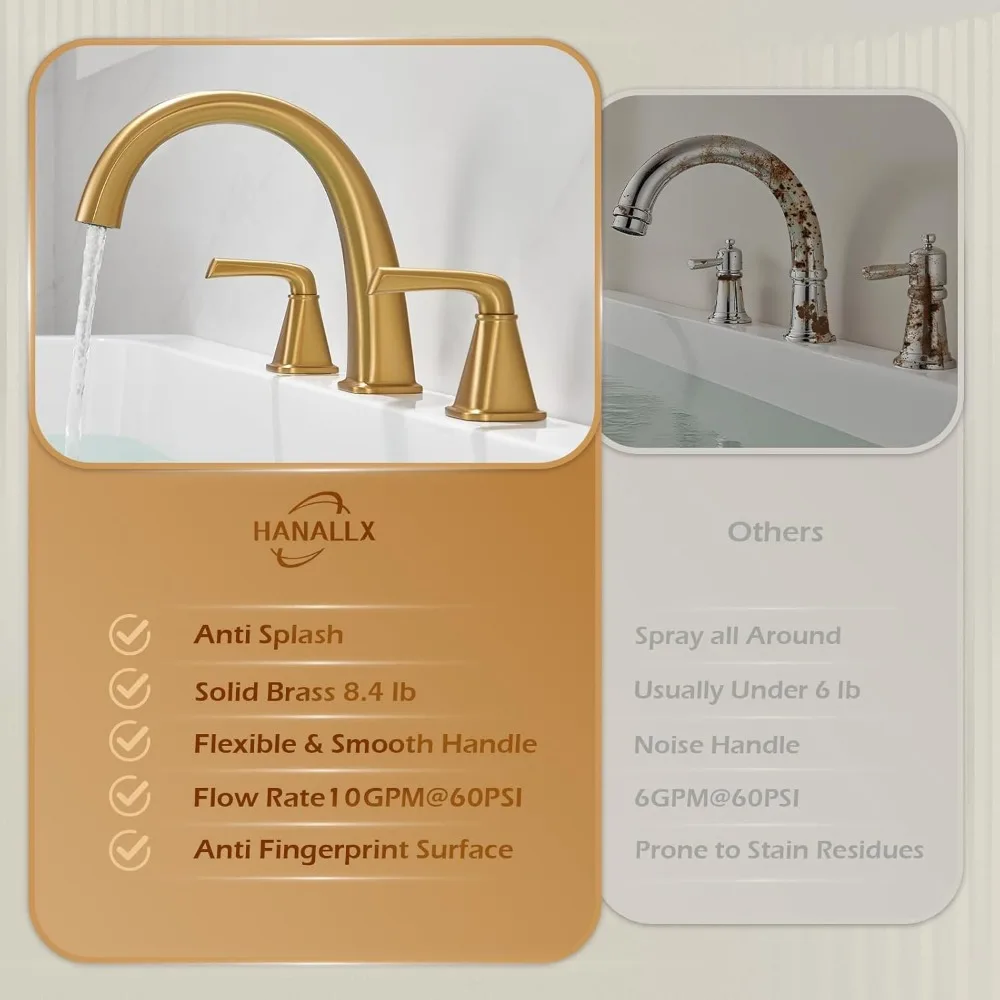 صنبور حوض روماني عالي التدفق معقوفة على سطح السفينة باللون الذهبي المصقول لأحواض الحديقة، 3 فتحات، لمسة نهائية ذهبية مصقولة #5