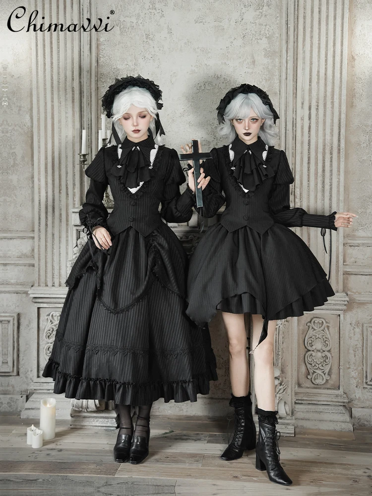 

Original Gothic Dark Girl SK Set Twin Autumn Winter Punk Long Sleeve Slim Top Long High Waist Skirt Set Lolita Cos Women Outfits
