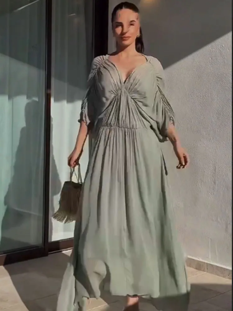 HH-vestido medio de manga corta con decoración plisada y cuello en V para mujer, vestido largo Sexy liso con espalda descubierta informal para mujer