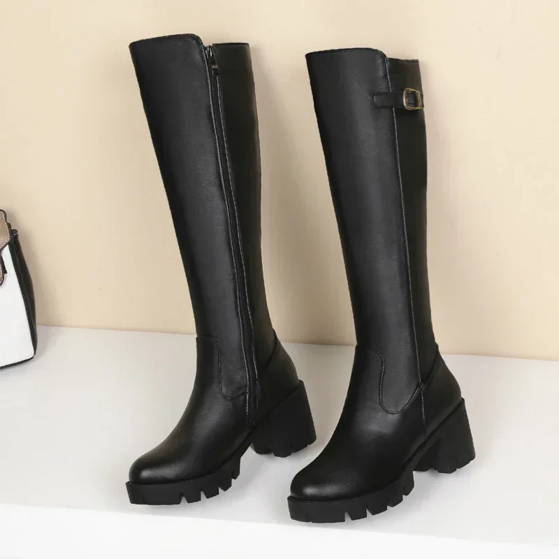 Knee High Boots Women Winter Shoes Buckle Retro Women\'s High Snow Boot Square Heels Fur Warm Long Tall Shoes Large Size 46