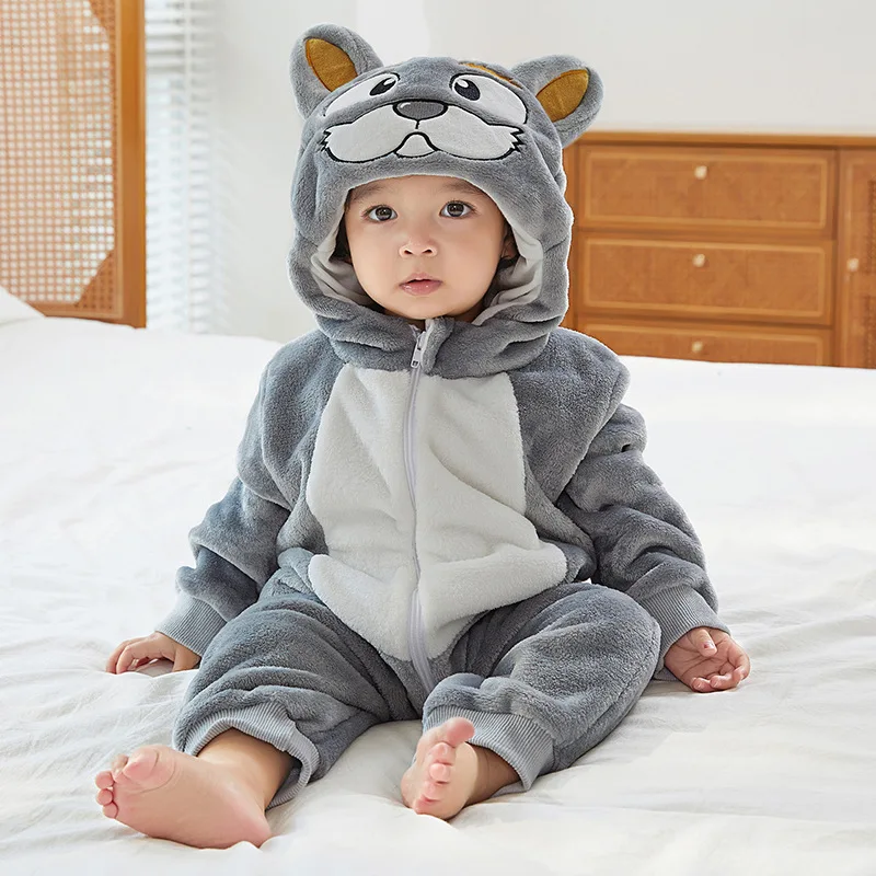 

Gray Dog Romper Baby Boy Girl Pajama Newborn Bebe Clothes Cute Bodysuits Flannel Warm One-piece Winter Halloween Animal Outfit