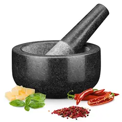 Mortar and Pestle Set Premium Solid Granite Stone Grinder Non Slip Base 16cm For Make Crushing and Mashing Herb Spices Guacamole