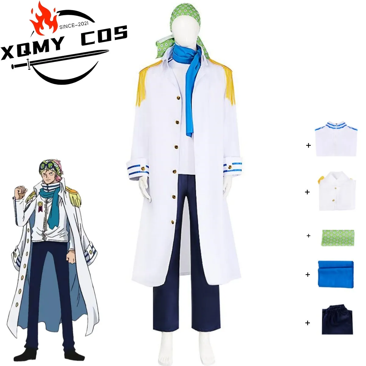 XqAnime Coby-Disfraz de espada marina, uniforme militar para miembro, capa larga blanca, bufanda, traje de Carnaval de Halloween para hombre adulto