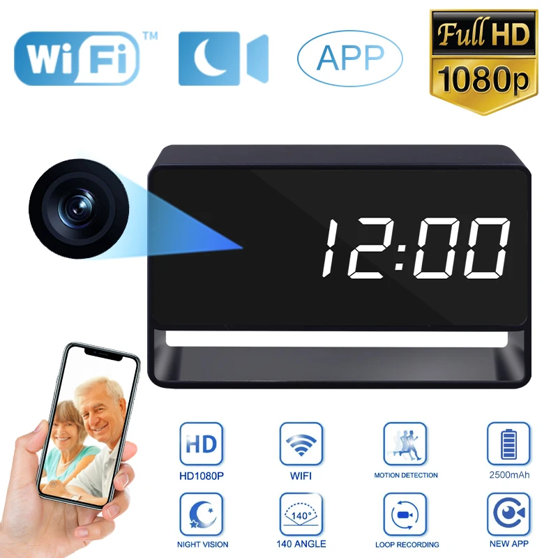 Wekker Cam Full HD 1080P WiFi Draadloze afstandsbediening Camera Nachtzicht Bewegingsdetectie Alert Surveillance Thuiskantoor Beveiliging