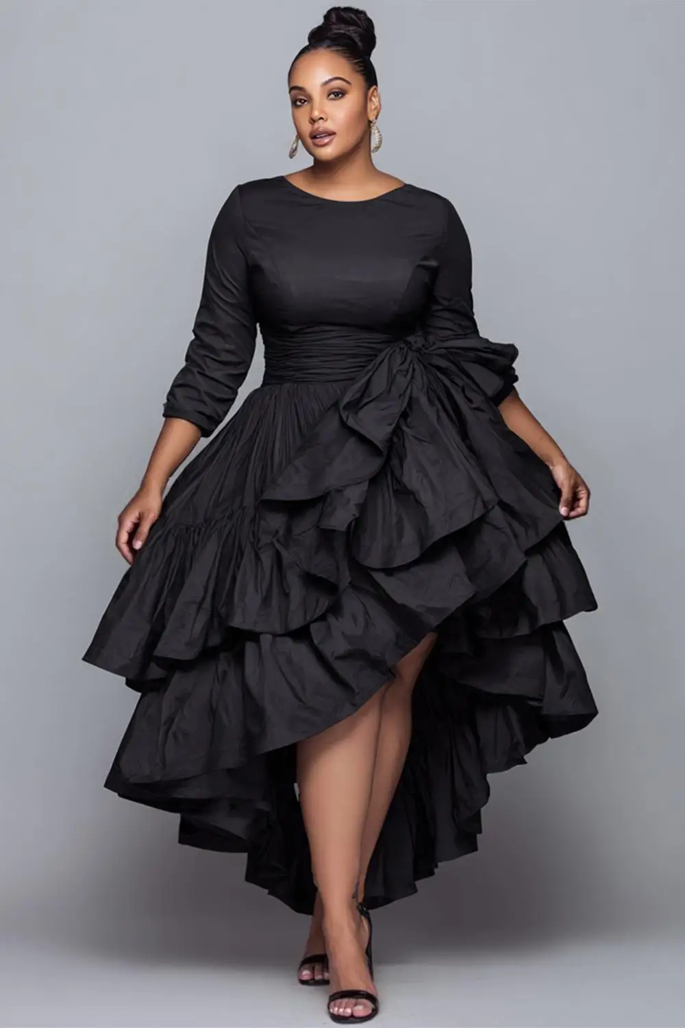 

Plus Size Cocktail Party Black Round Neck 3/4 Sleeve Ruffle Elegant Asymmetric Hem Midi Dresses