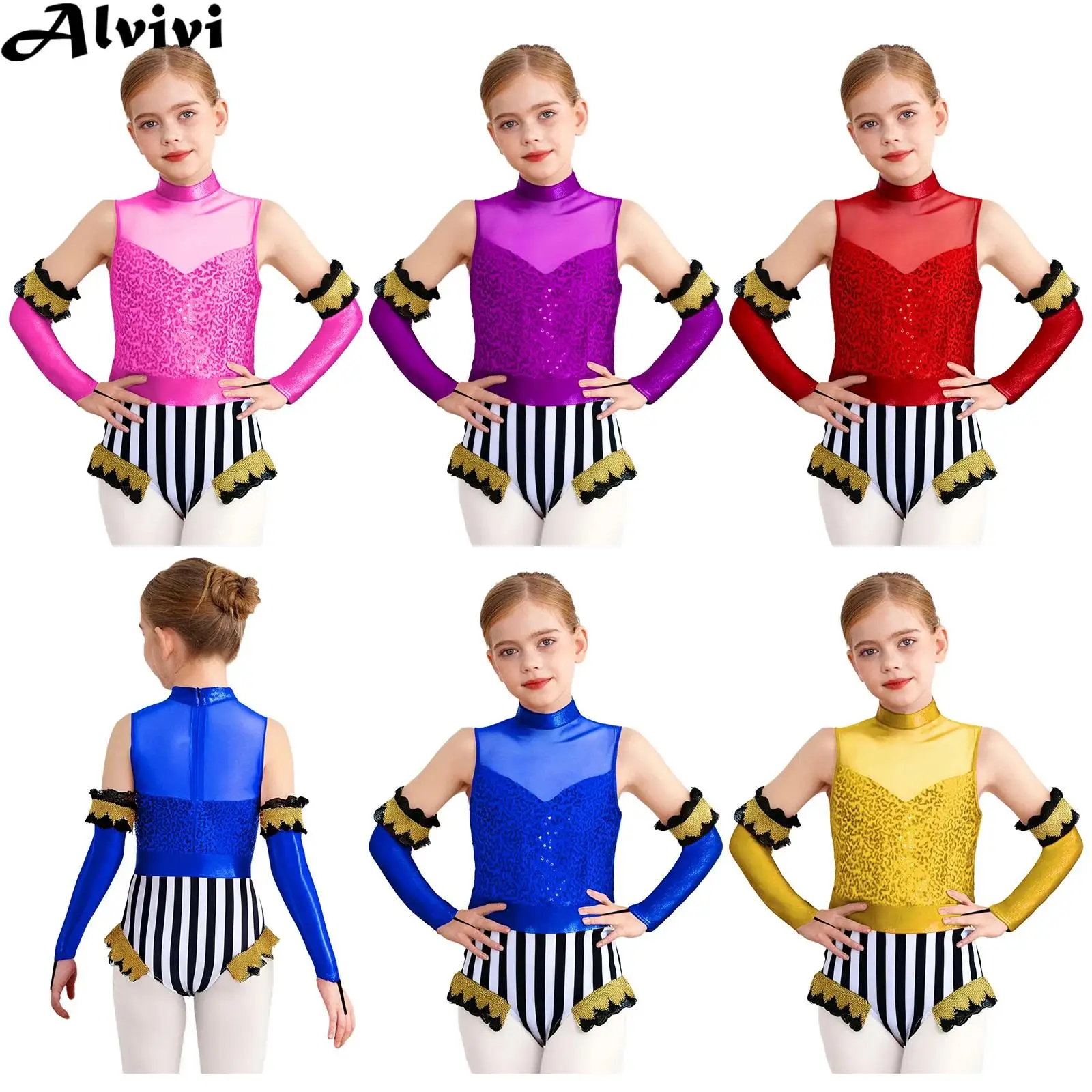 

Сетчатый купальник без рукавов с блестками для девочек, купальник для фигурного катания с металлическими рукавами, костюм клоуна на Хэллоуин, циркового манежа