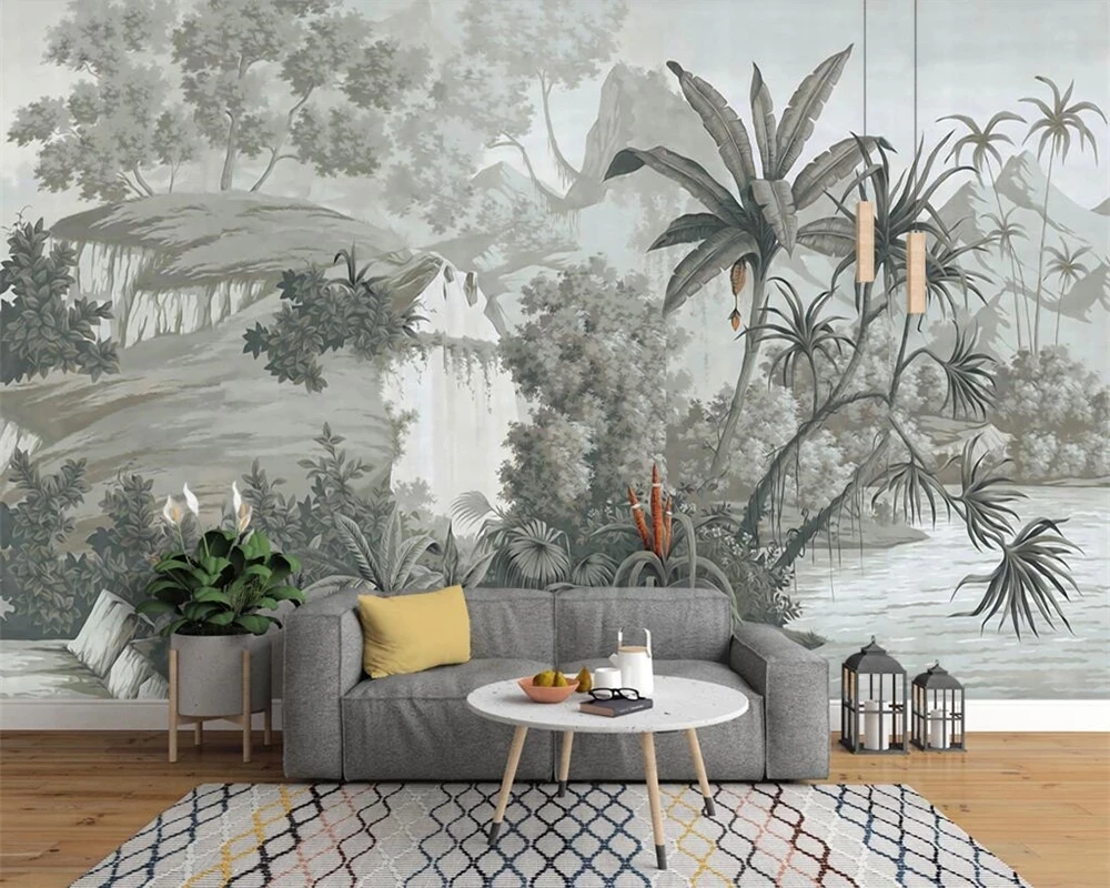 Custom European Retro Hand painted Rainforest banana palm mural wallpaper Living room sofa TV background wall bedroom restaurant