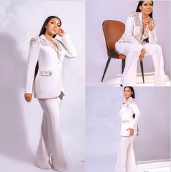 Formal Mother of Guest Prom Dress Crystal Wedding Women Suits Set Jacket+Pants 2 Pieces Blazer White Custom Made Tuxedo