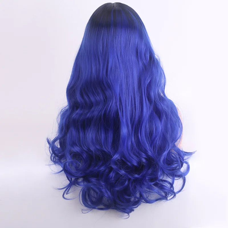 Nueva peluca teñida media negro cambio Gradual azul pelo largo y rizado peluca de temperamento de moda tocado