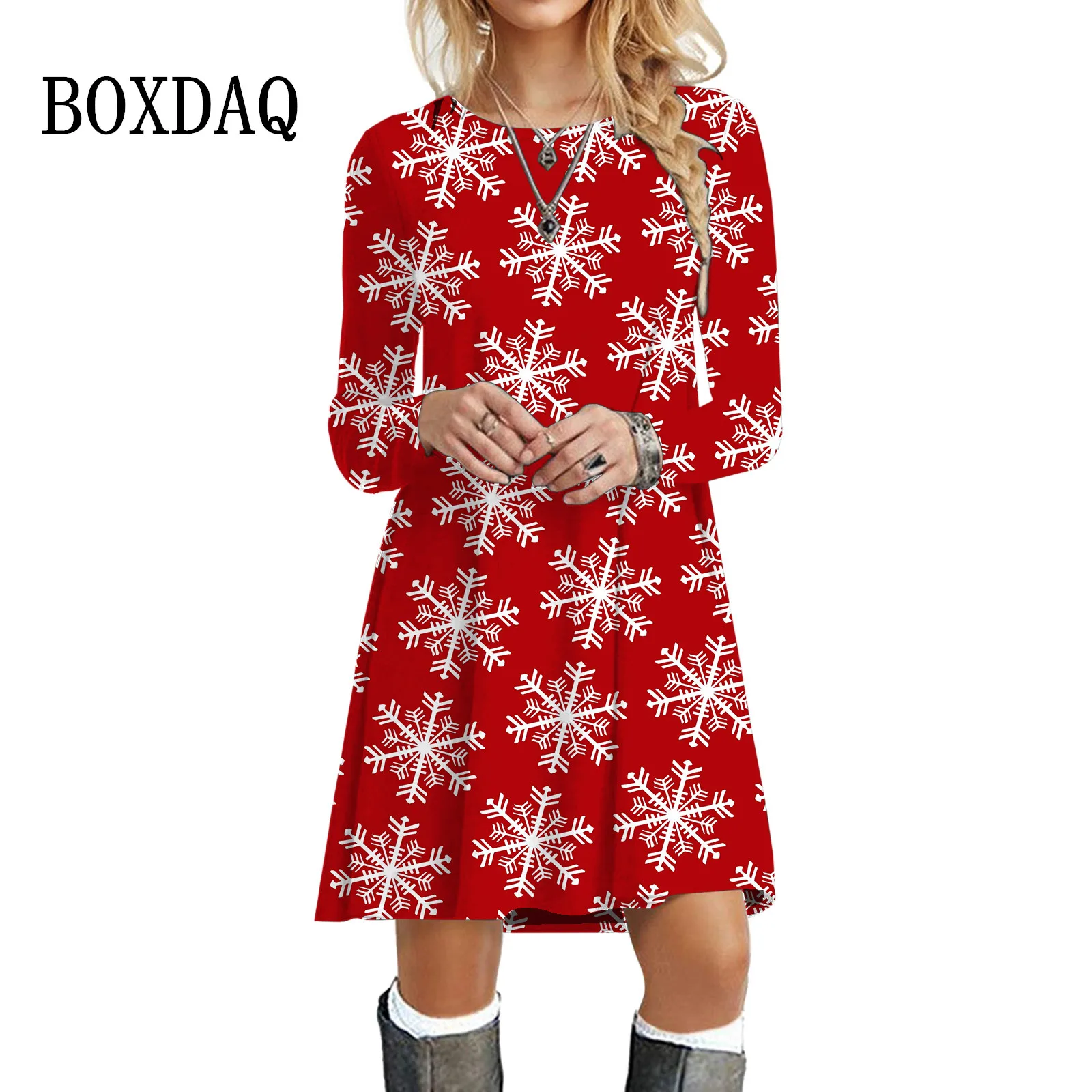 Christmas Snowflake Print Dress Women Cute Long Sleeve A-Line Dress Autumn Winter Oversized Clothing Casual Party Mini Dresses