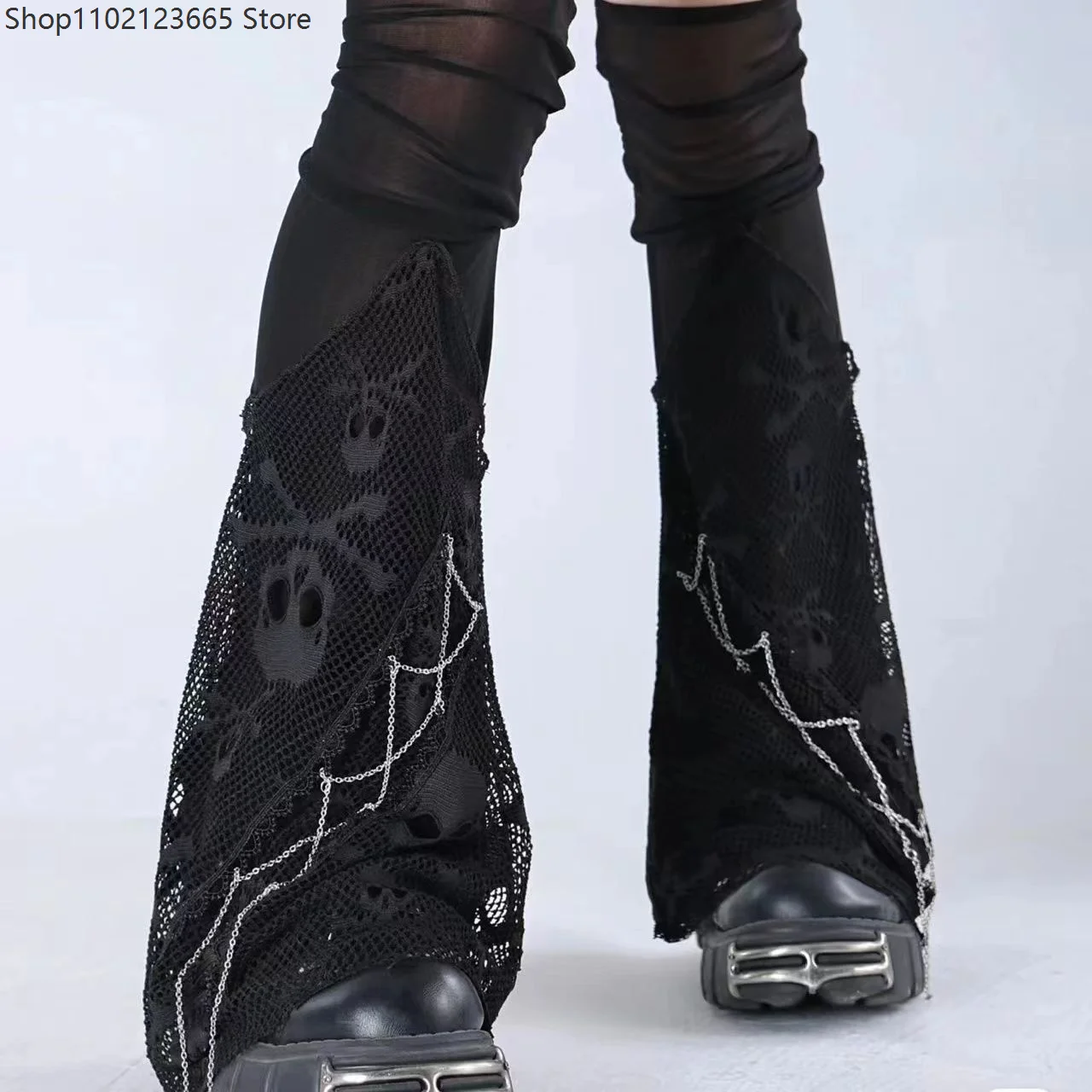 Gothic Skull Black Chain Lace Knee-high Stocking Punk Calf Socks Sexy Party Mesh Long Spliced Leggings Cosplay Women's Socks