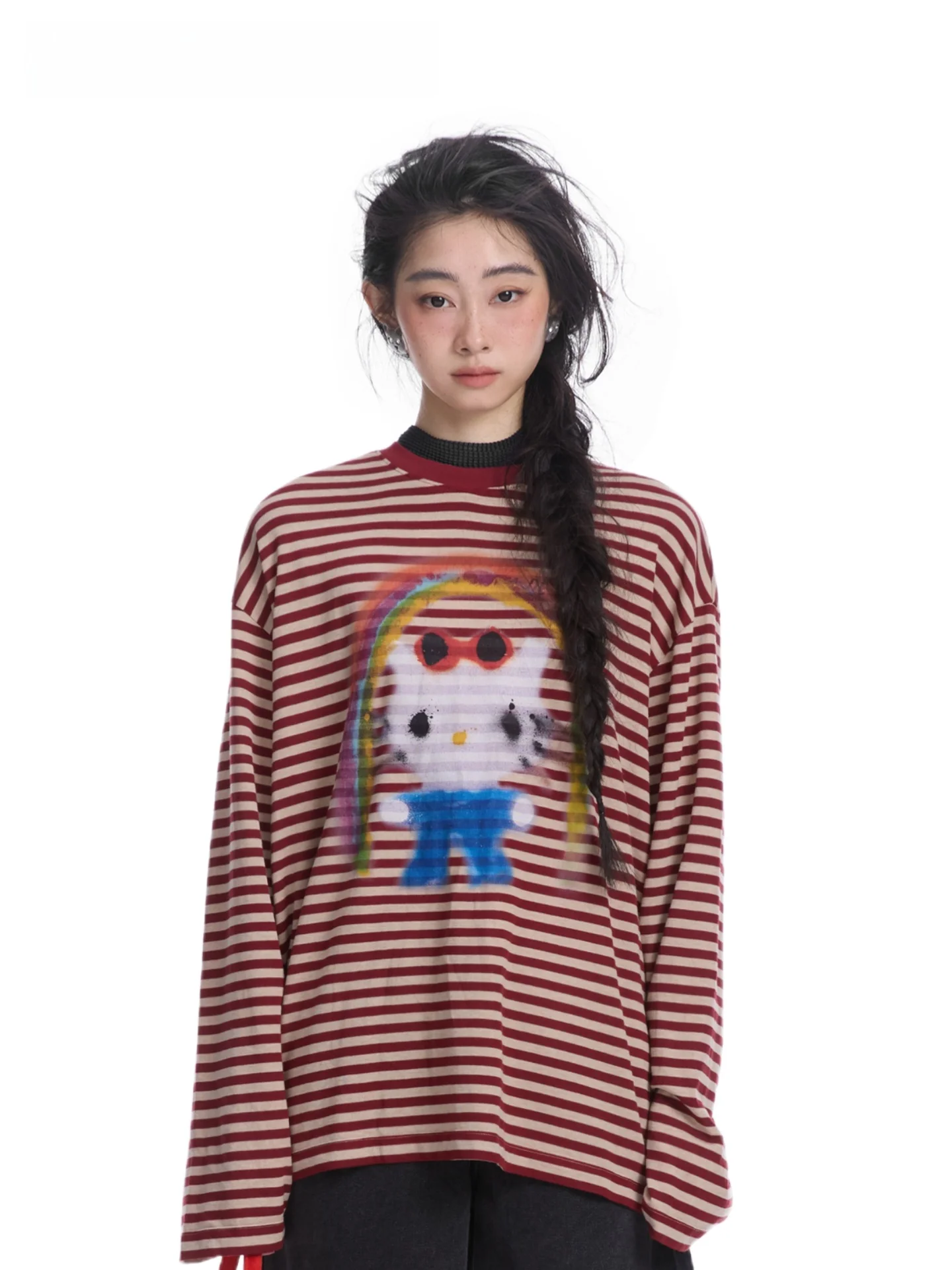 

Long Sve Loose T-irt MOF Girl Wine Red Stripe Color Blo Kit Versatile Casual Wear for Young Women And Teenagers