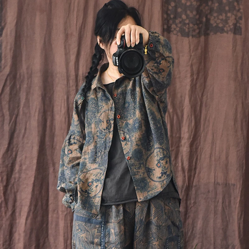 Chemise à manches longues en coton et lin pour femmes, style vintage, imprimé floral, décontracté, printemps, nouvelle arrivée, 2025