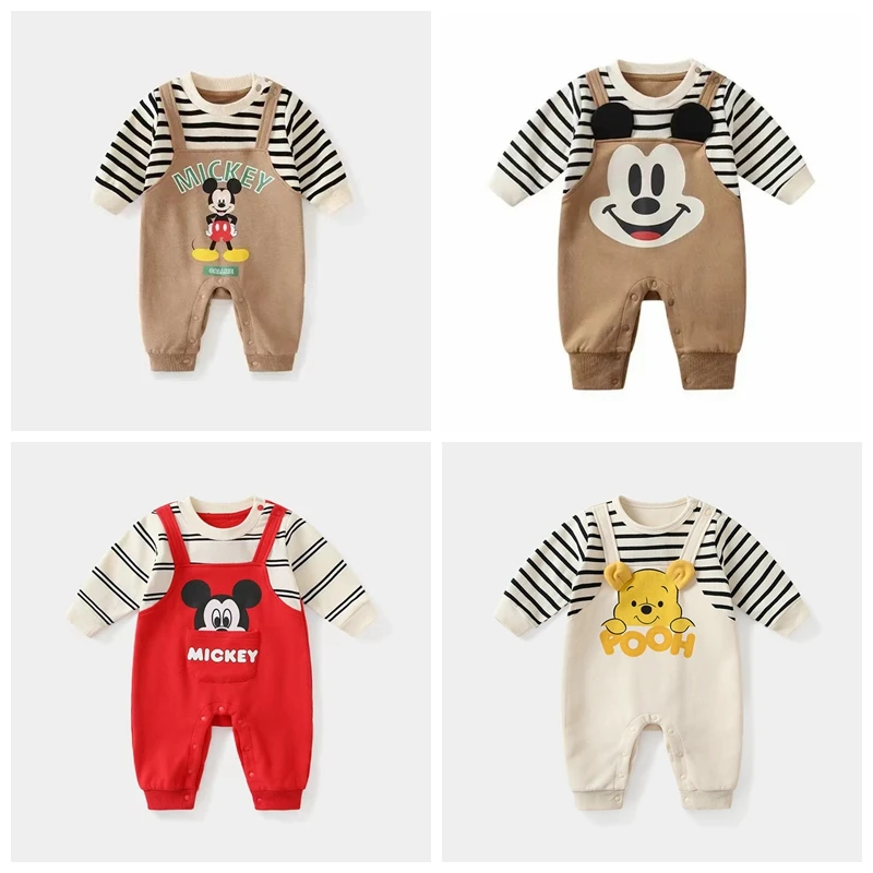 Disney Spring Autumn Baby Boy Romper Cartoon Mickey Mouse Pooh Print Long Sleeve Newborn Jumpsuit Girl Cotton Kid Outfit Clothes