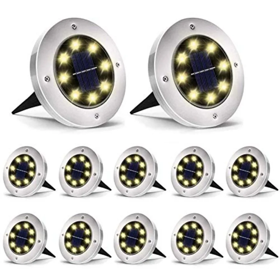 

Solar Ground Lights - 12 Pack, 8 LED, Waterproof Outdoor Disk Lights for Pathway, Yard, Walkway, Patio, Lawn Path