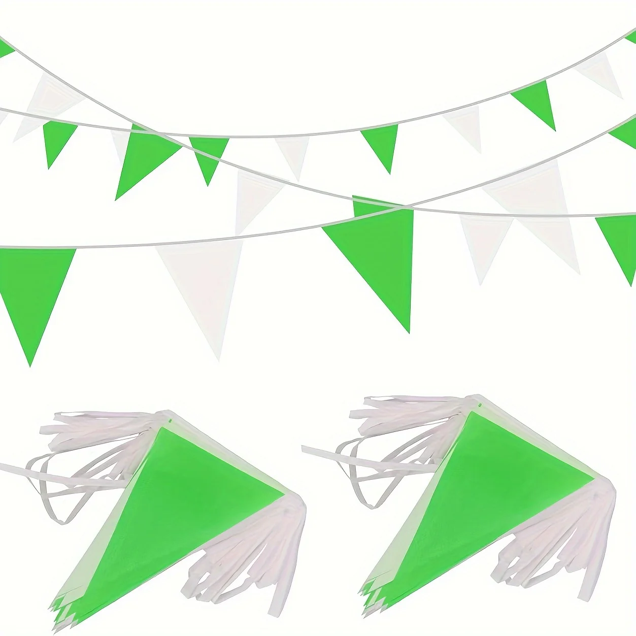 1PC，Green & White Plastic Pennant Banner - 393.7inch, 20 Flags for Wedding, Birthday, and Outdoor Garden Decorations