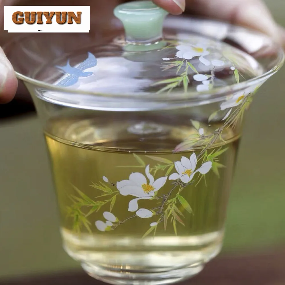 155ml High Borosilicate Glass Flower Gaiwan Vintage Transparent Non Hot Tea Tureen Tea Making Cover Bowl Tea Ceremony Decoration