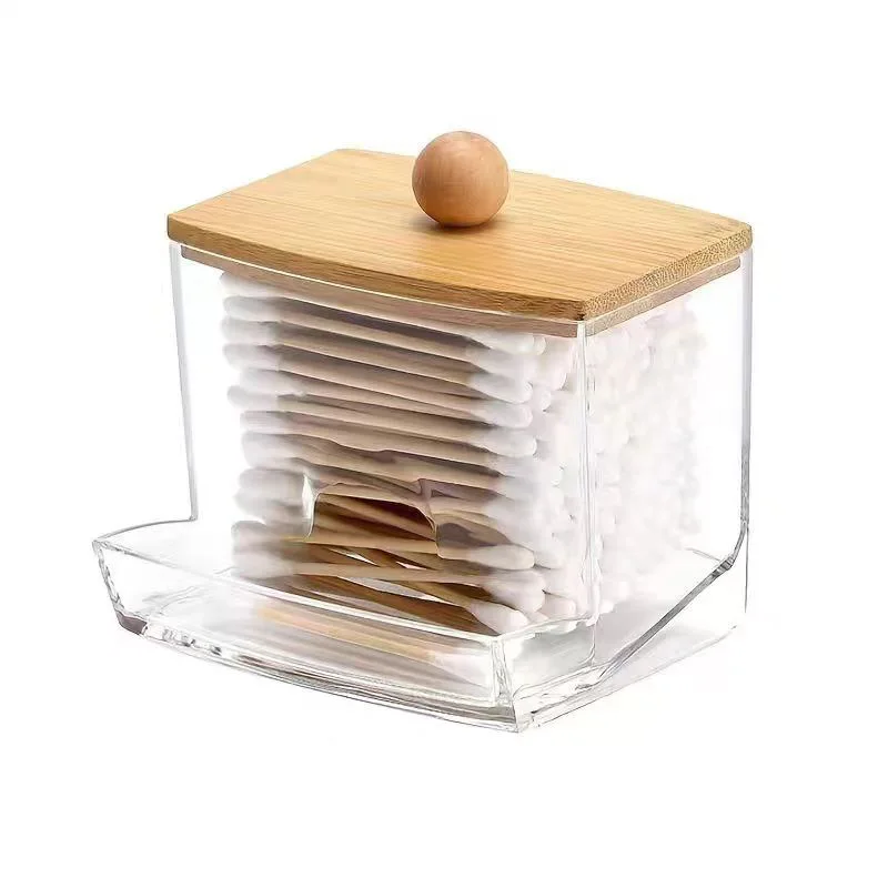 Acrylic Storage Box Bathroom Jar Makeup Organizer Cotton Round Pad Holder Cotton Swab Box Qtip Holder Dispenser with Bamboo Lid