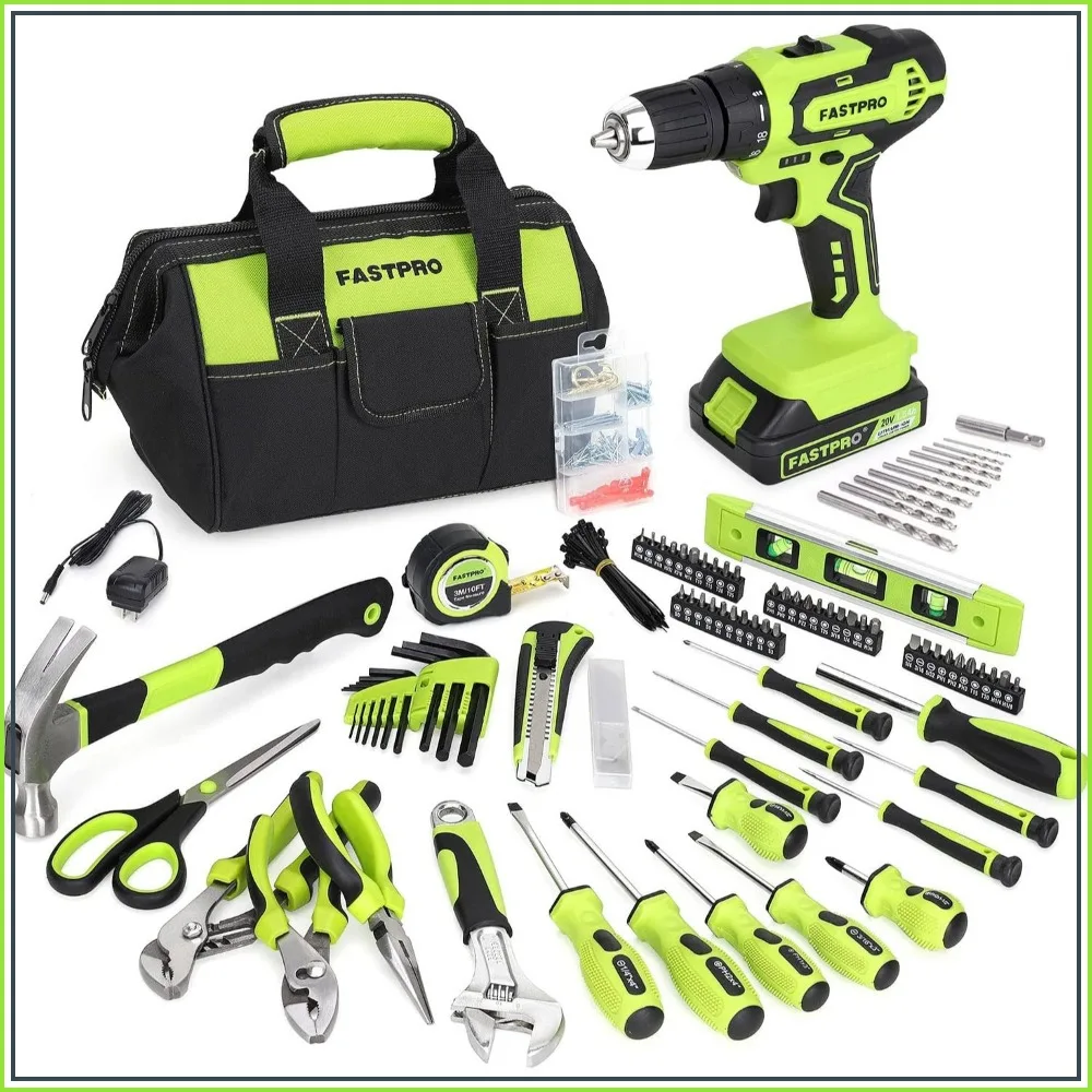 

232-Piece Home Tool Set with 20V Cordless Drill, Household Repair Kit, 12-Inch Wide Mouth Storage Bag, Green