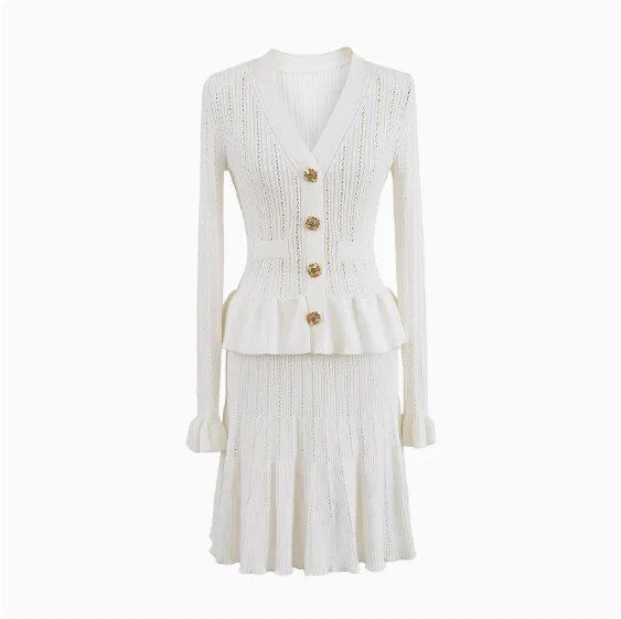 Pure White Temperament Dress Hollow Fake Two-piece Knitted Mini Dresses