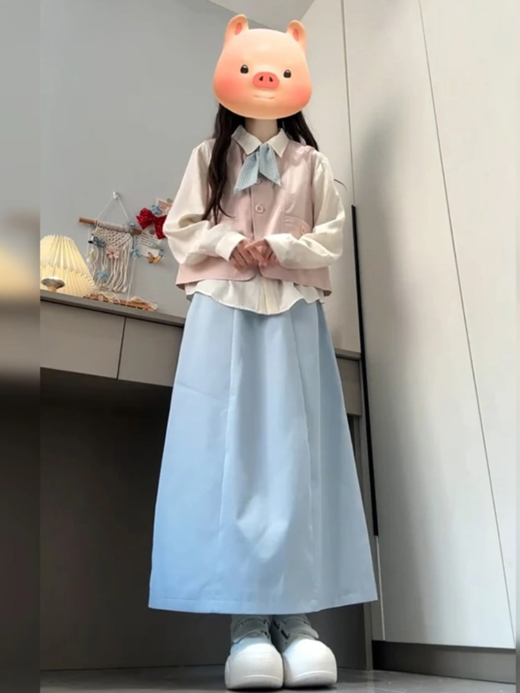 تنورة كورية Sle Sweet Sensation Long Dr Set للسيدات من College Faion بخصر عالٍ من مزيج البولي كوتون مريح على شكل حرف A