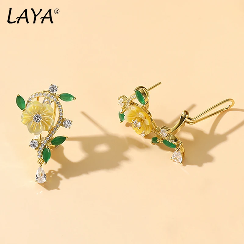 LAYA Fashion Elegant Earrings For Women White  Flower Colorful Zircon Designer Pierced Ears 925 Sterling Silver Party Jewelry