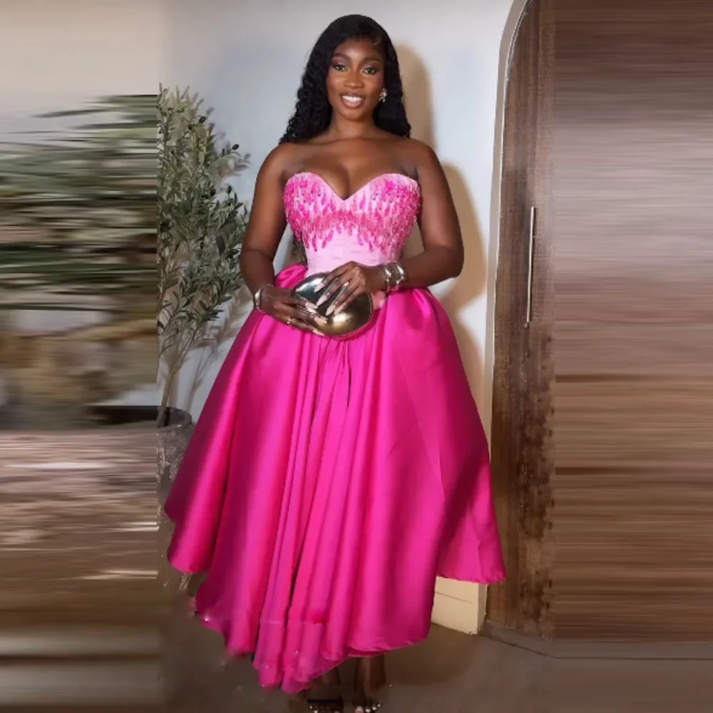 Aso Ebi Women Birthday Party Gowns Eye Catching Evening Dress Fuchsia Prom Dresses With Beads Crystals Corset Back Tea Length