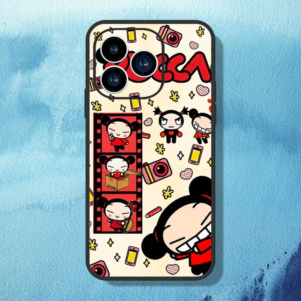 MINISO Cartoon P-Pucca G-Garu Phone Case For iPhone 11 12 13 14 15 Mini Pro Max Plus 8 xr xs Black Shell