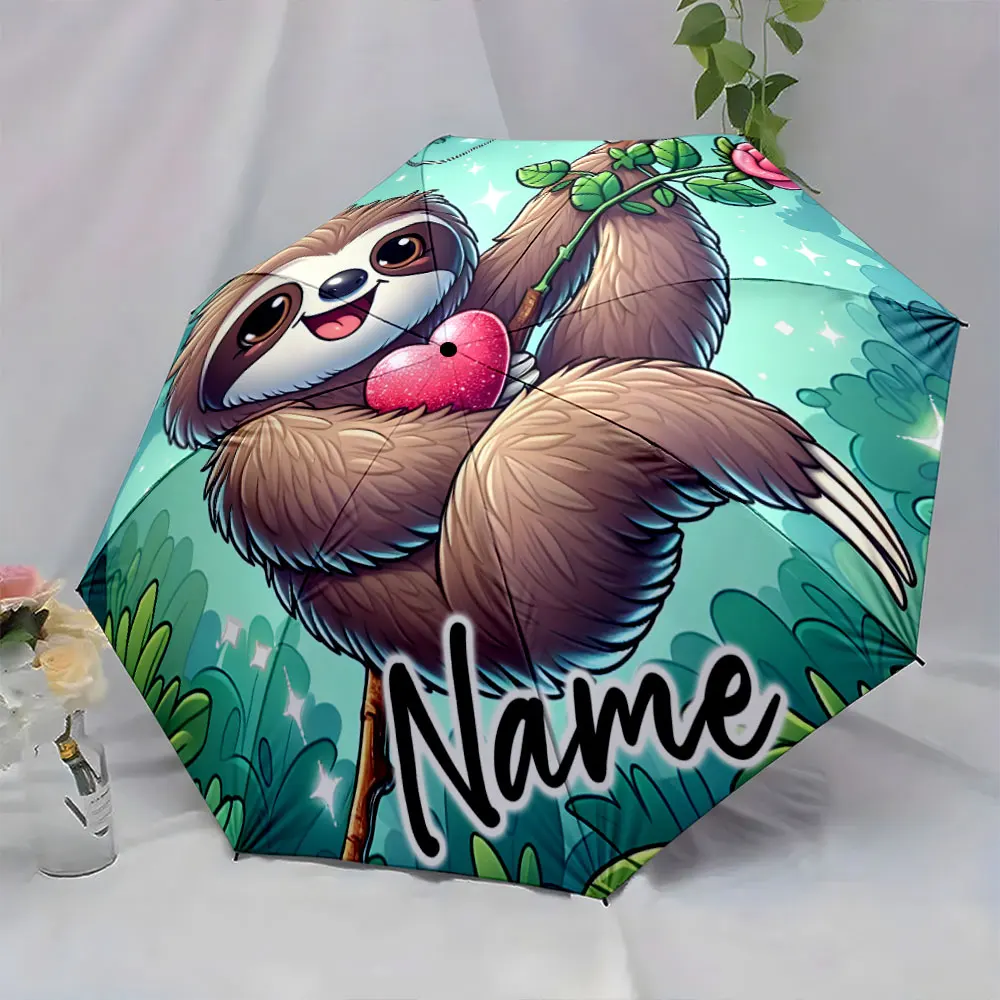 Custom Name  Charming Sloth Decorated Umbrella with Heart Design Print 8 Iron Ribs Folding Umbrella Auto-Open Fashion Sunshade