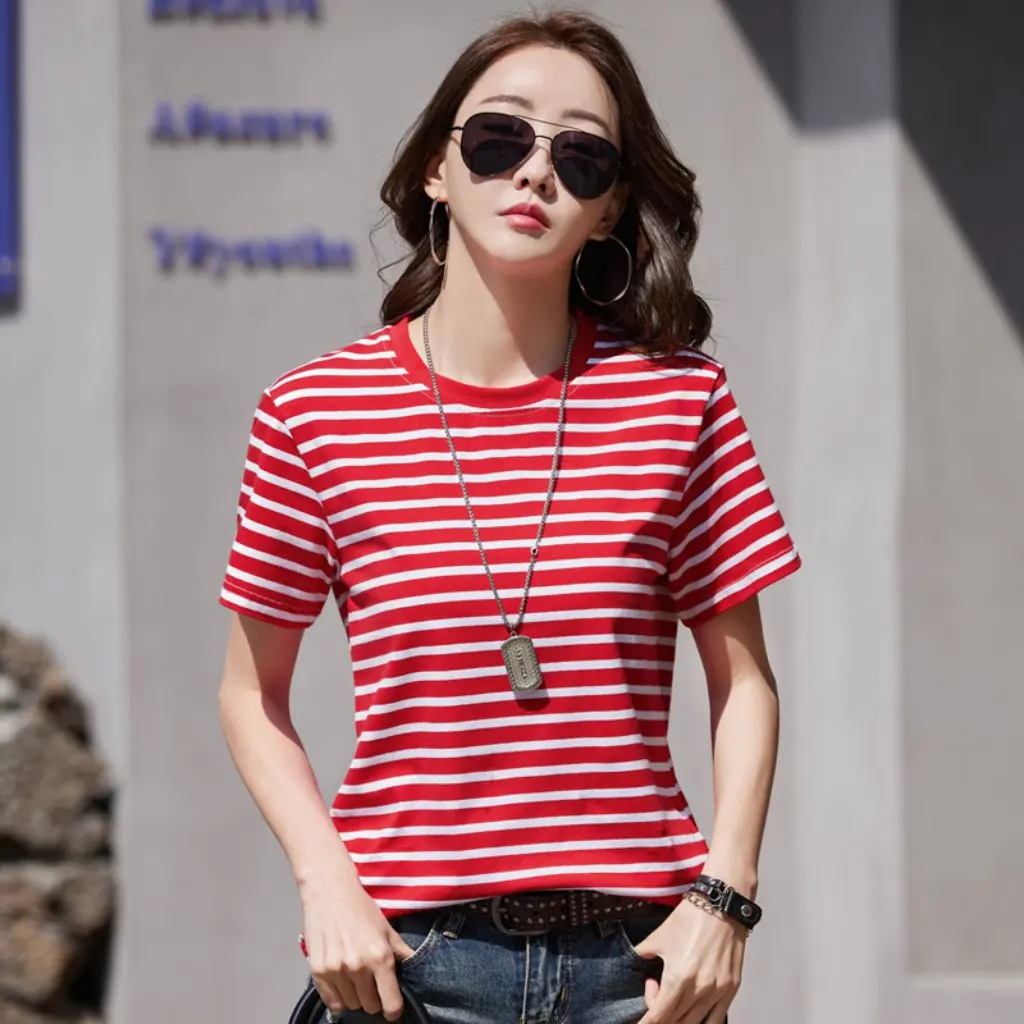 

Women's Cotton Short Sleeve T-Shirt Korean Loose Fit Striped round Neck Summer Top Large Size Fashion Casual Wear