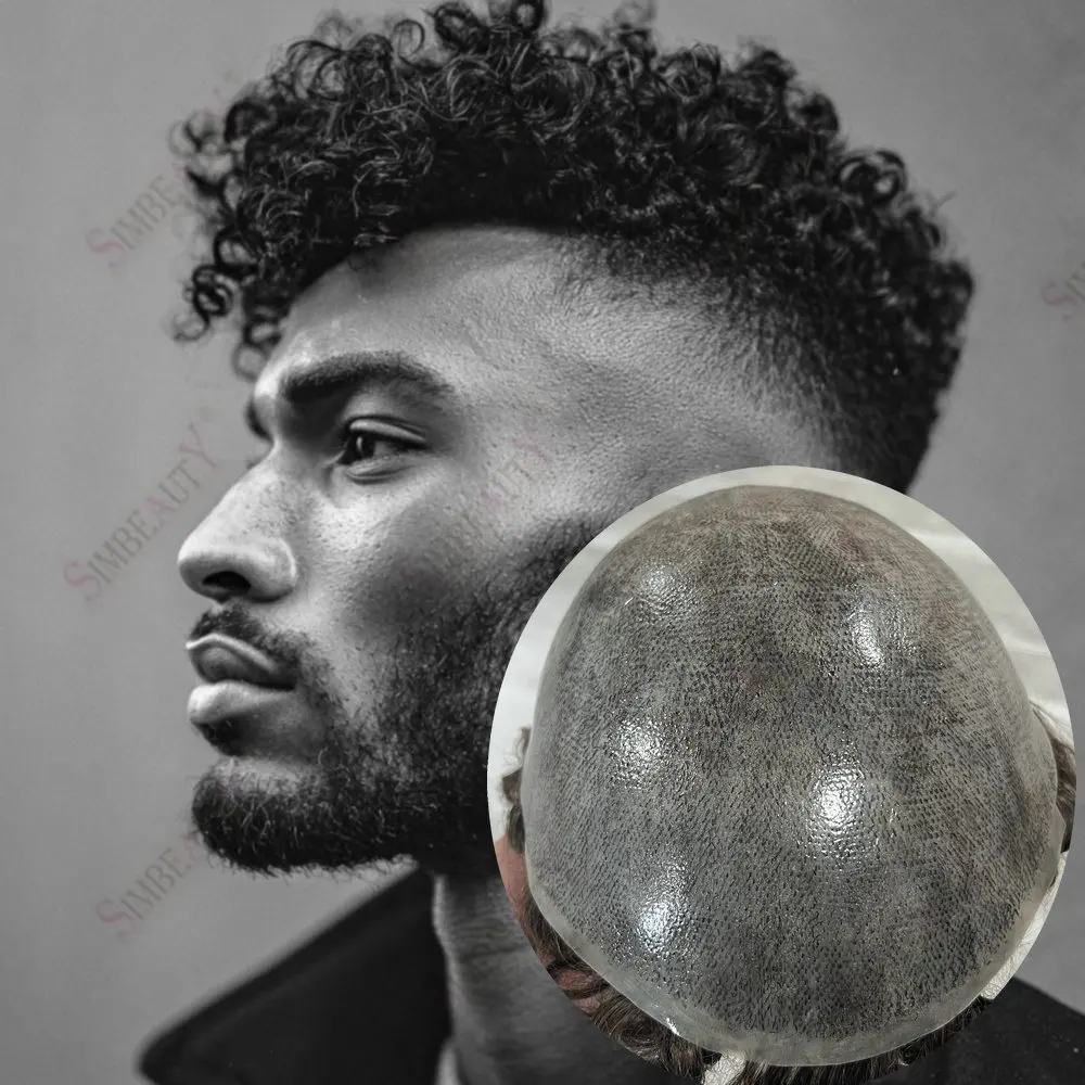 

12mm Kinky Curly Druable Full Skin 0.1mm Pu Base Human Hair Toupee Natural Hairline Men's Capillary Prosthesis System Hairpiece