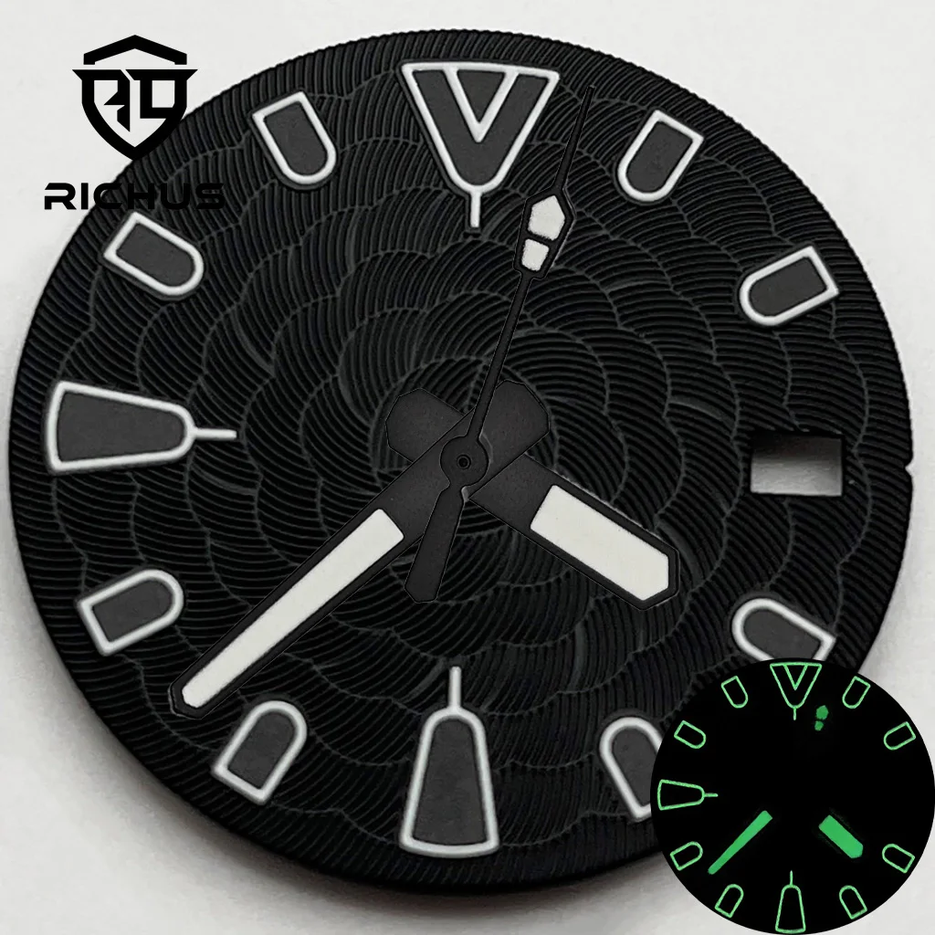 Mostrador RICHUS NH35 de 28,5mm com Ponteiros Luminosos Verdes, Compatível com Movimentos NH34 NH35 NH36, Acessórios para Relógios