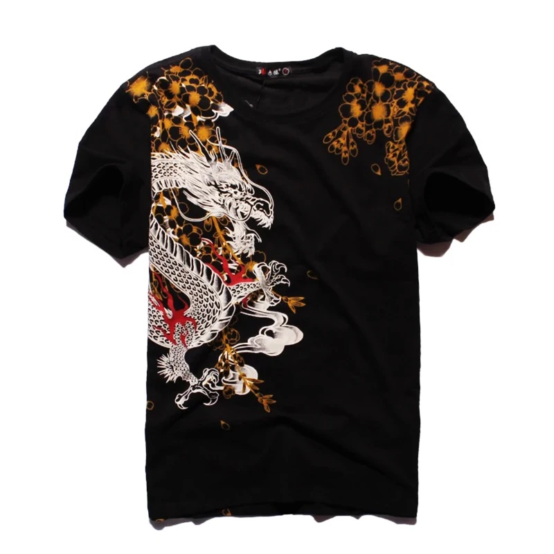 Lyprerazy Japanese Harajuku Ukiyoe Vintage Embroidered T-shirt Men Brother Dragon Tiger Embroidery Chinese Style Tee Shirt