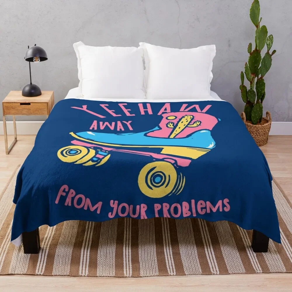 YeeHaw Away From Your Problems Blue BG Funny Adulting Yee Haw Cowboy Boot Roller Skater Boots MEME Throw Blanket