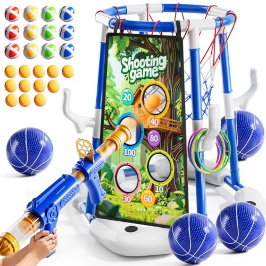 

Pool Basketball Hoop, Pool Toys Ring Game with 4 Balls, Air Pump Launcher and Sticky Balls, Outdoor Swimming Pool Basketball Ga