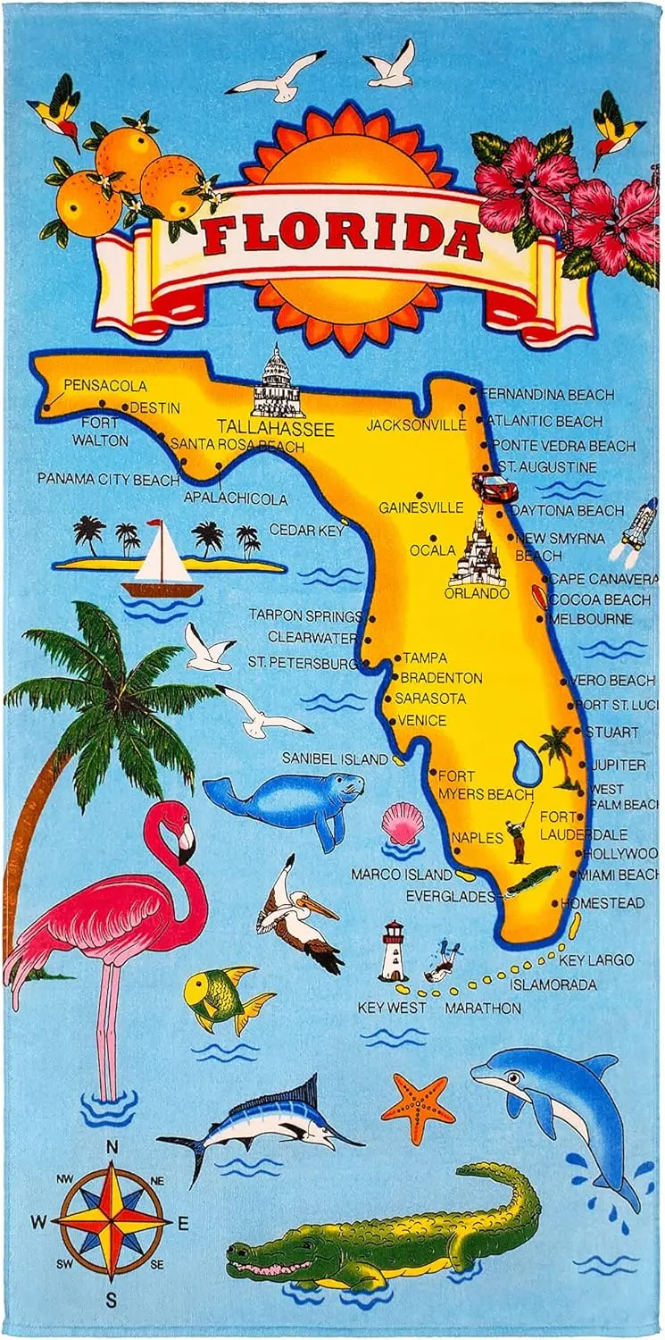 Florida Map Flamingo Beach Towel, Tropical Souvenir Cotton Absorbent Bath Towel for Swimming Pool and Travel Vacation