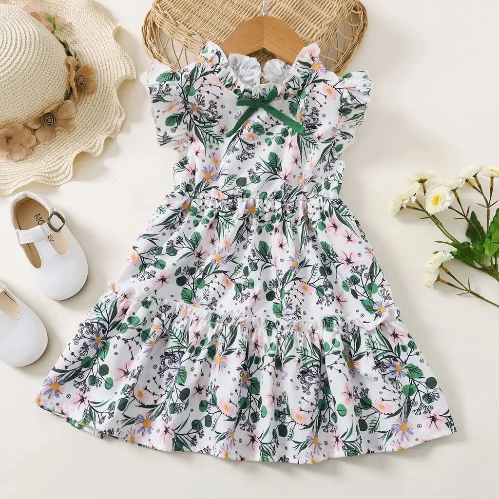 Children Girl Summer Floral Dress Baby Girl Fashion Sleeveless Dresses with Bow Design Casual Dress for Toddler Girl 1-6Years