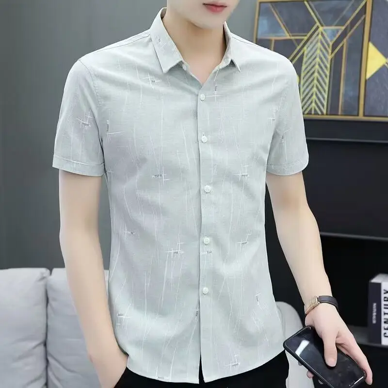Mens Lapel Collar All Over Minimal Line Print Single Breasted Slim Fit Short Sleeve Shirt