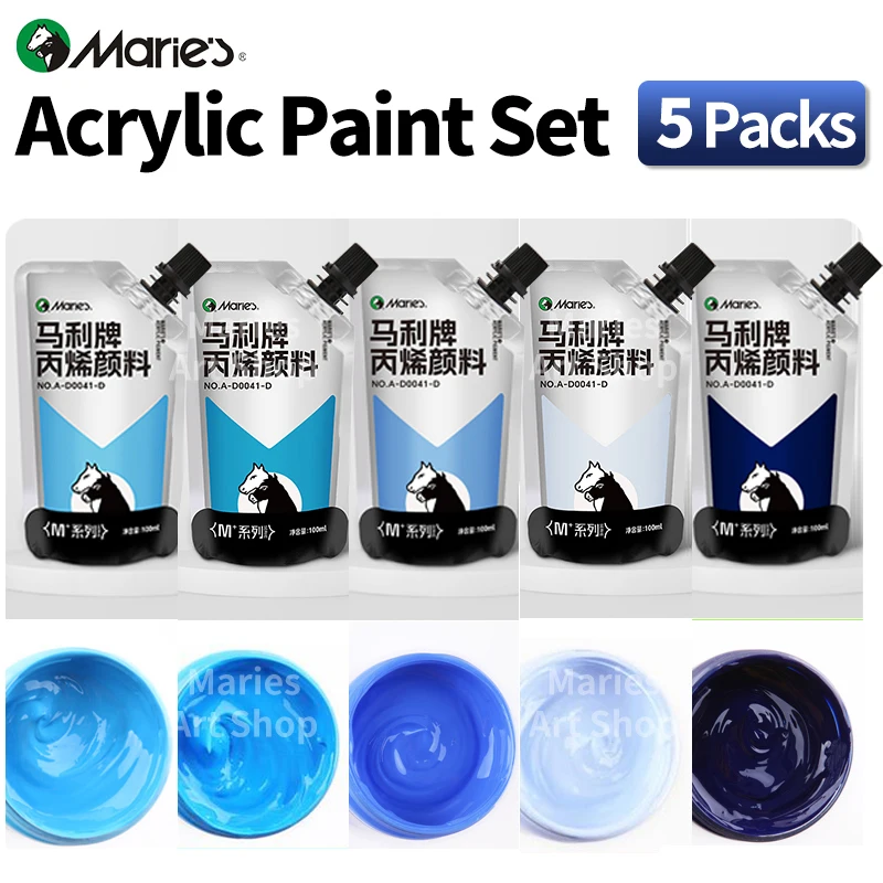 Marie's 5 Packs Blue Acrylic Paint Sets 100ml/3.38oz for Models,DIY,Graffiti,Painting,Canvas,Eggs,Rock,Wood,Wall,Ceramic