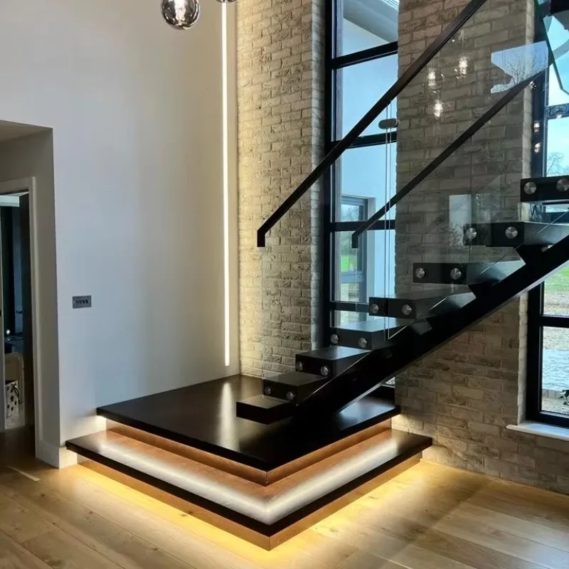 Customized Modern Mono Staircase with Landing and LED Light for Interior Residential