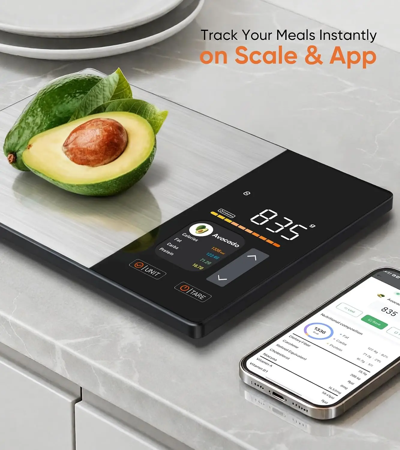 Kitchen Scale Stainless Steel 5000g with TFT Display Smart App Tracks Calories Fat Carbs Protein 23 Nutrients