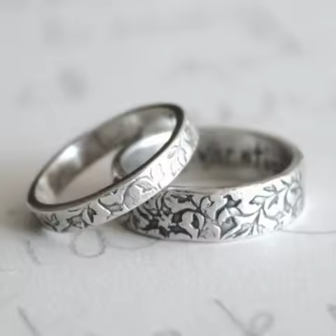 Huajie 2Pcs/set Elegant Carving Floral Patterns Couple's Rings Sets Ancient Silver Color Retro Banquet Ring Jewelry Trend