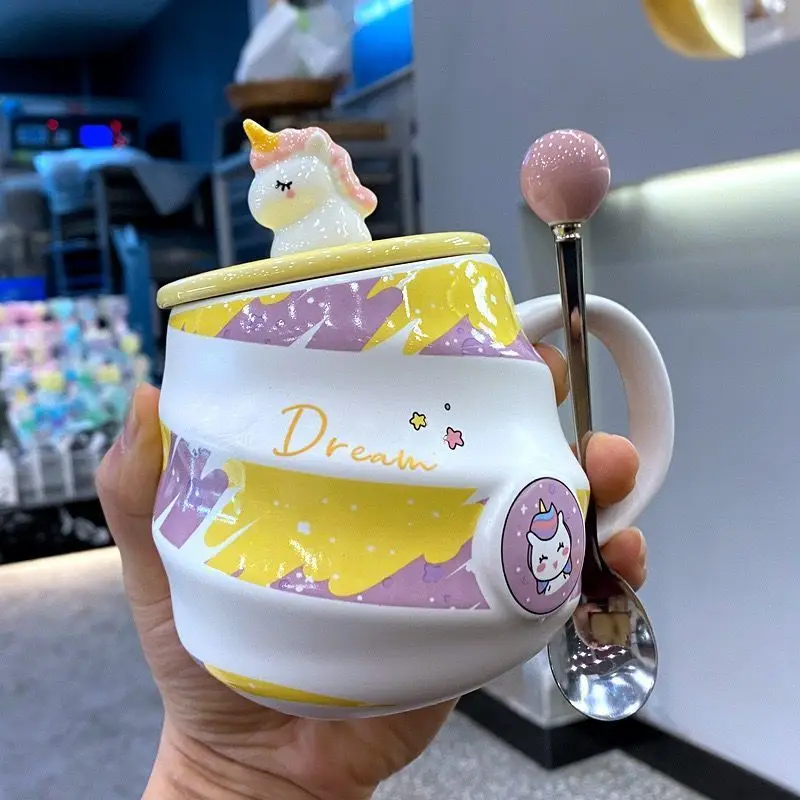 400ml Cute Unicorn Ceramic Cup Ins High Beauty Coffee Mug with Spoon Straw Box Dust Plug Small Summer Couple Water Cups Gift