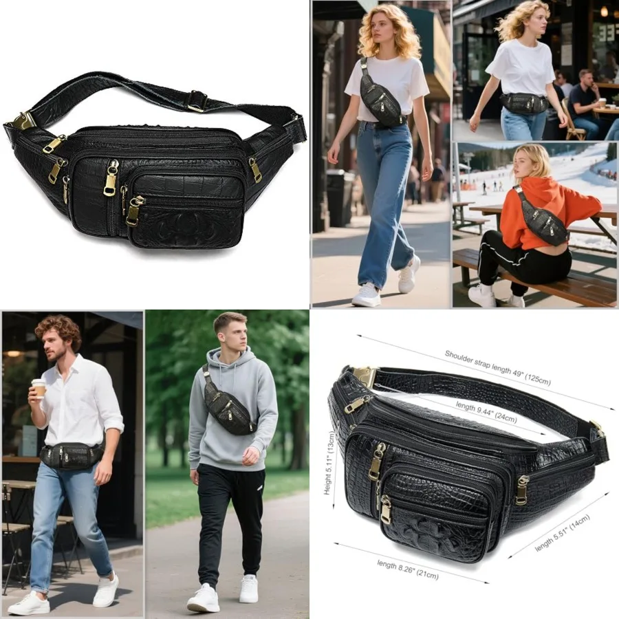 

Genuine Leather Fanny Pack large capacity Crossbody Waist Bag with Zipper phone Pockets dile