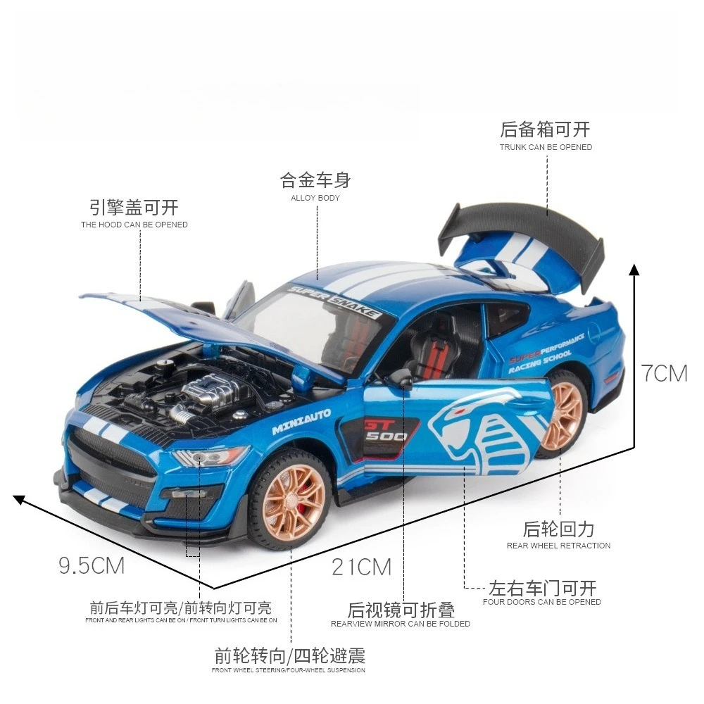 1:24 Mustang GT500 Sports Car Simulation Diecast Car Metal Alloy Model Sound Light Car Toys Collection Gifts